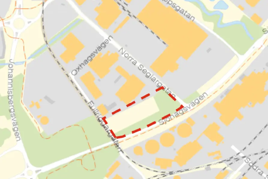 Karta över planområdet på Sjöhagen där planområdet är inringad med streckad röd linje
