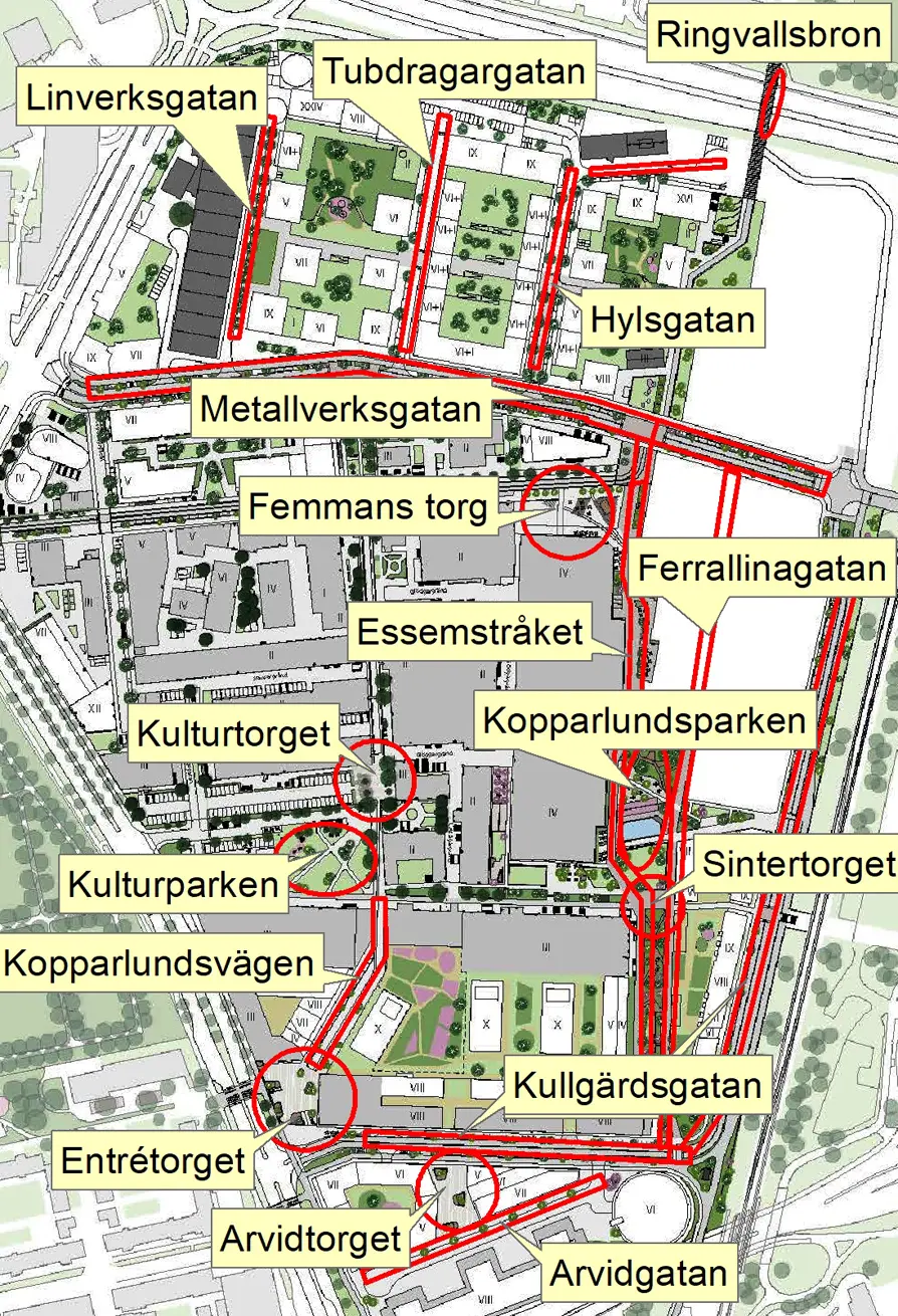 Karta över Kopparlunden med markeringar för de nya gatorna och deras namn
