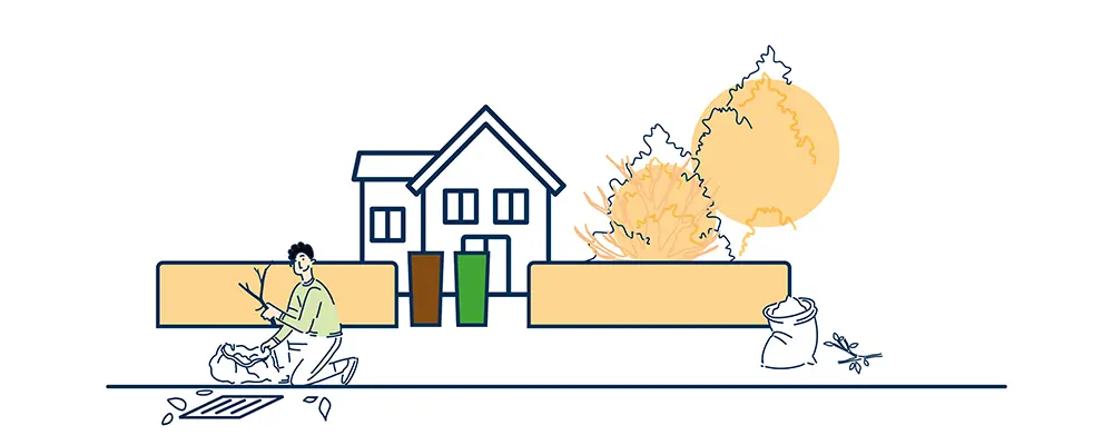 Illustration över en bostad med en person som plockar trädgårdsavfall utanför huset.