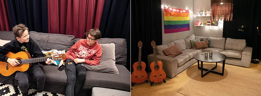 Montage av två bilder. Två personer som sitter i en soffa och spelar gitarr och Irsta fritidsgård.