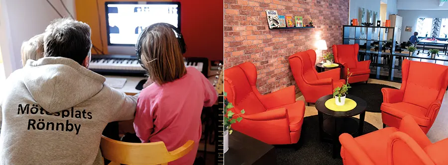 Montage av två bilder. Två ungdomar som får hjälp av en fritidsledare med en dator och Rönnby fritidsklubb.
