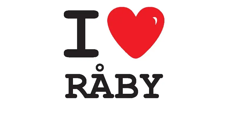 Logotype med engelska texten "I love Råby", där love är ersatt med ett rött hjärta. I love Råby betyder Jag älskar Råby.