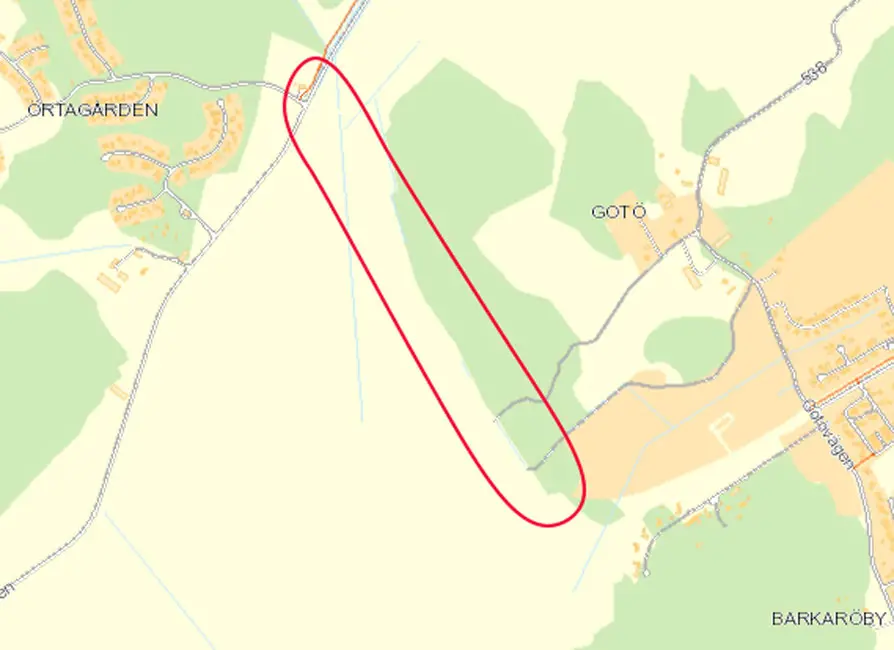 Karta som visar planområdet med ungefärligt område för vägen