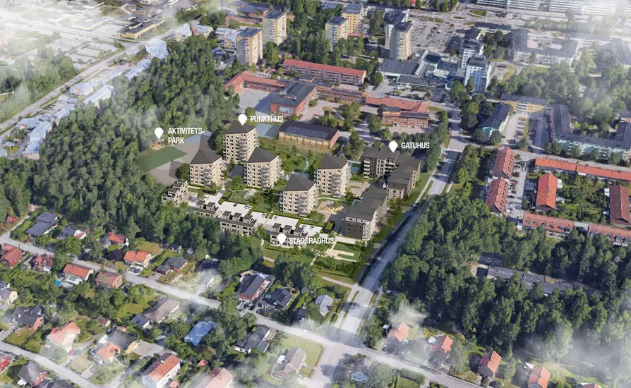 Flygbild över planområdet på Skiljebo med illustration av möjlig bebyggelse