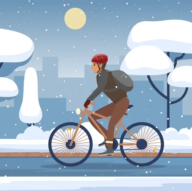 Illustration på en man som cyklar på vintern.