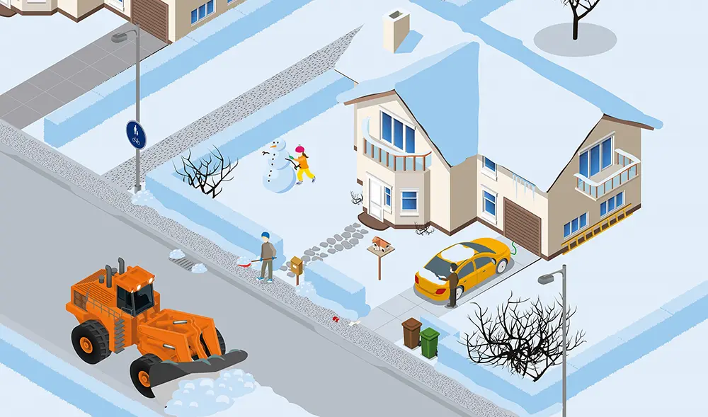 Illustration över ett bostadsområde där kommunen plogar vägen och fastighetsägaren skottar snö på trottoaren. 