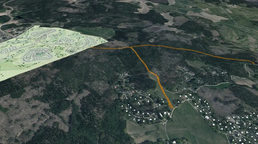 3D-karta över ny väg från Gäddeholm till södra Kärrbolandet
