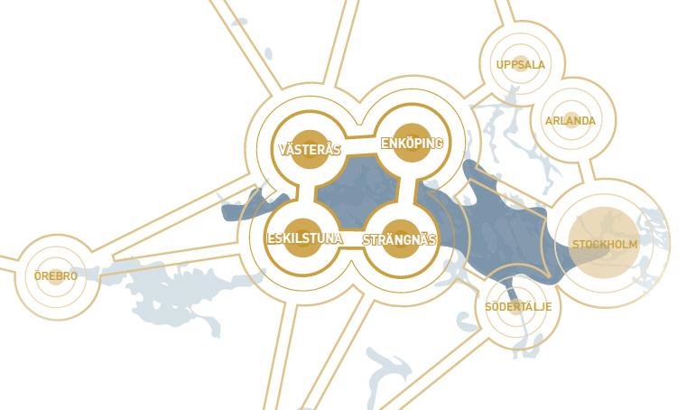 En karta över städerna som ingår i projektet fyra mälarstäder.