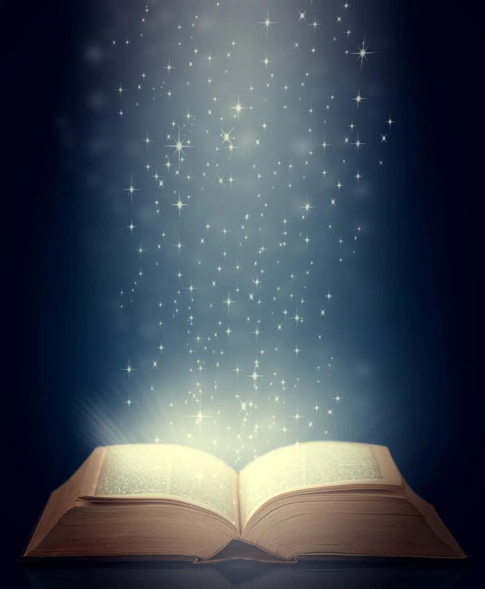 En uppslagen bok, varifrån stjärnor strålar upp mot en mörk bakgrund.