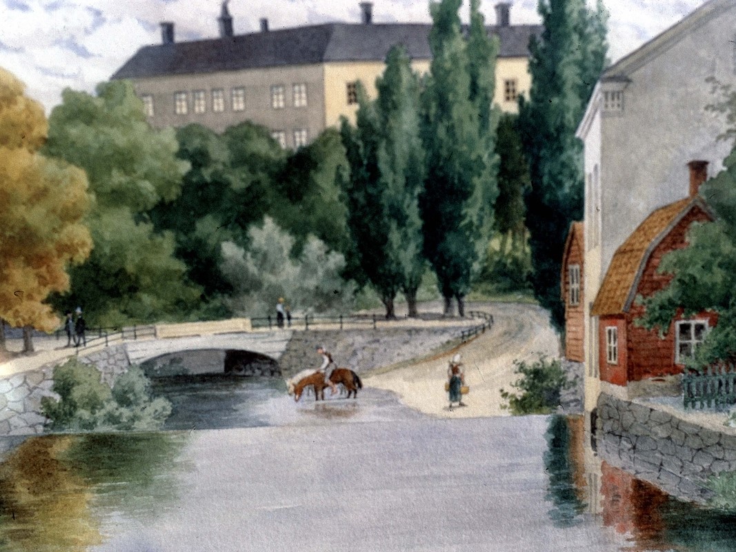 Målning av Svartån med Slottet i bakgrunden och Wickholmska kvarnen i högerkanten. En häst med ryttare på dricker vatten i kanten av ån.