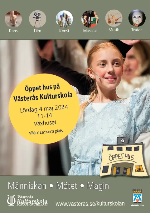 Informationsbild med text "Öppet hus på Västerås Kulturskola 4 maj 2024 klockan 11-14"