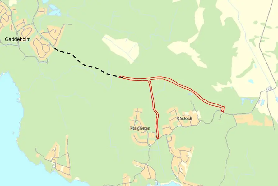 Karta över vägens ungefärliga sträckning mellan Gäddeholm och södra Kärrbolandet