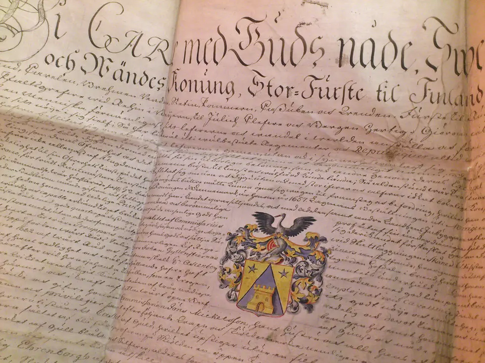 Avskrift av släkten Ehrenborghs adelsbrev från 1687. Ur Wahlstaarkivet. 