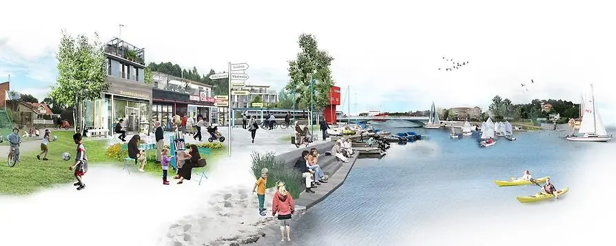 Visionsbild av Gehl Architects som visar villaområde, butiker, lekande barn, människor som rör sig vid sjökanten och båtar på vattnet