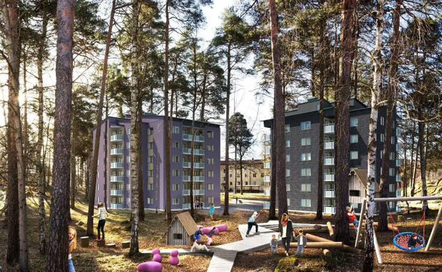 Illustration med möjlig bebyggelse och lekpark i skogen i förgrunden. Illustration från norr av White Arkitekter