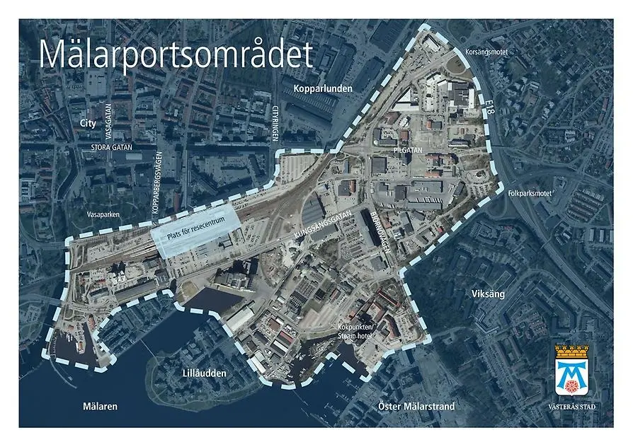 Bilden visar rubriken Mälarportsområdet samt avgränsning av planområdet och var vi planerar för ett nytt resecentrum.