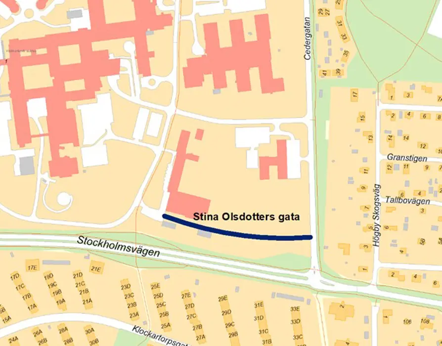 Karta över lasarettsområdet som visar dragningen av Stina Olsdotters gata mellan Cedergatan och Adelsögatan