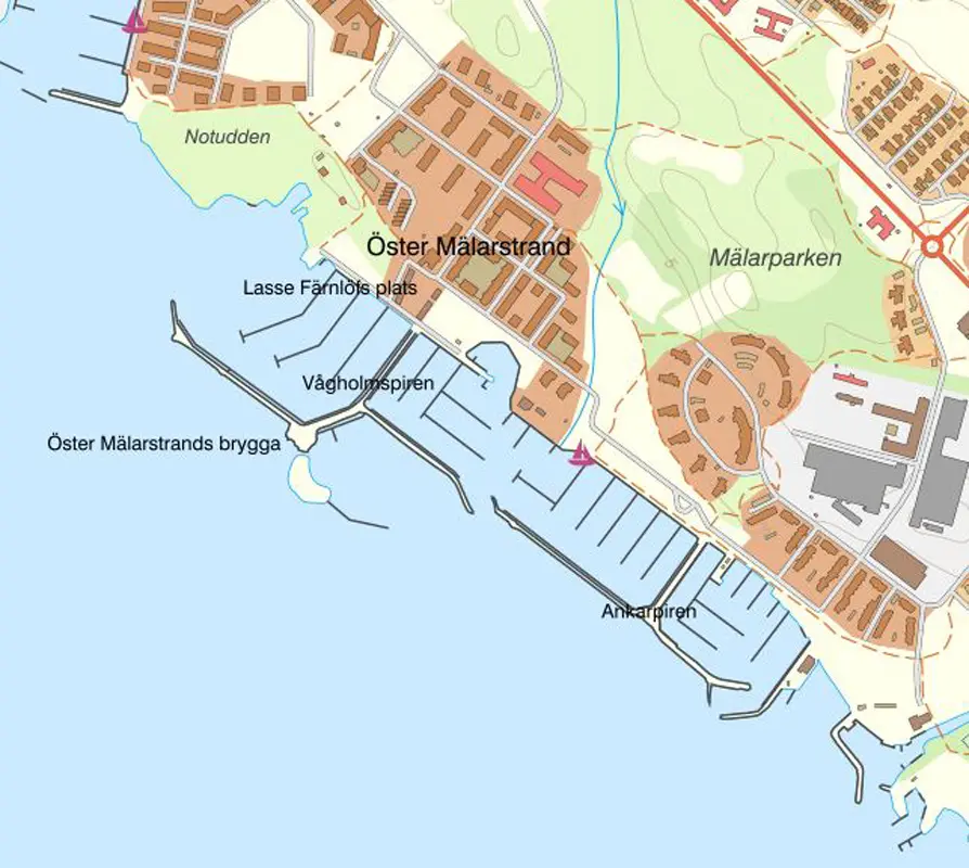 Kartbild som visar Ankarpiren och Vågholmspiren på Öster Mälarstrand