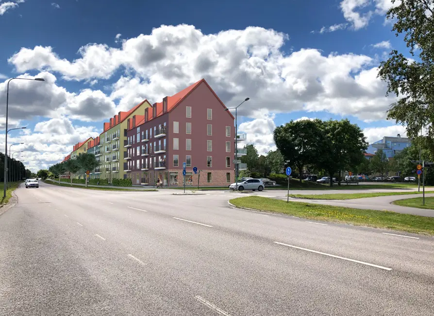 Visualisering med vy längs med Lisjögatan mot föreslagna flerbostadshus på fastigheten Martinprocessen