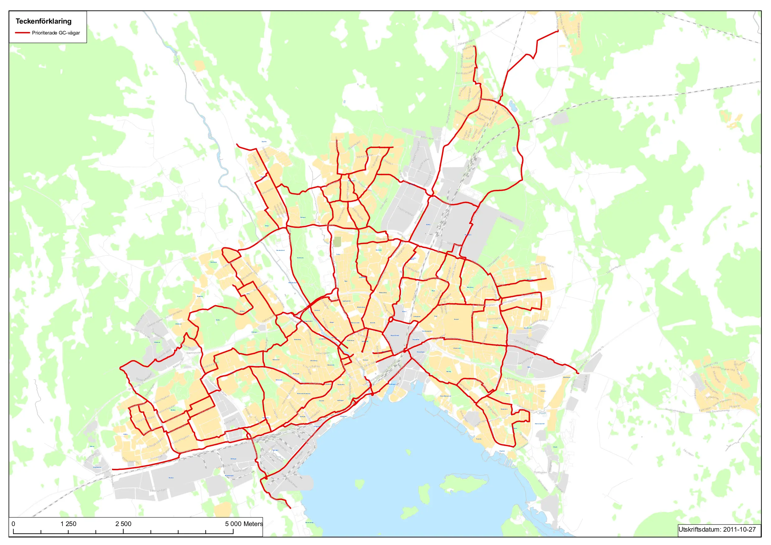 Karta över Västerås stads prioriterade cykelvägar.