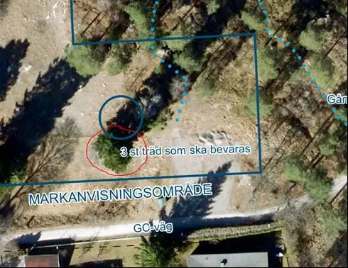 Bilden visar en karta över platsen där det finns tre träd som ska bevaras. Röd ring visar det rätta stället, så blå ring gäller inte längre.