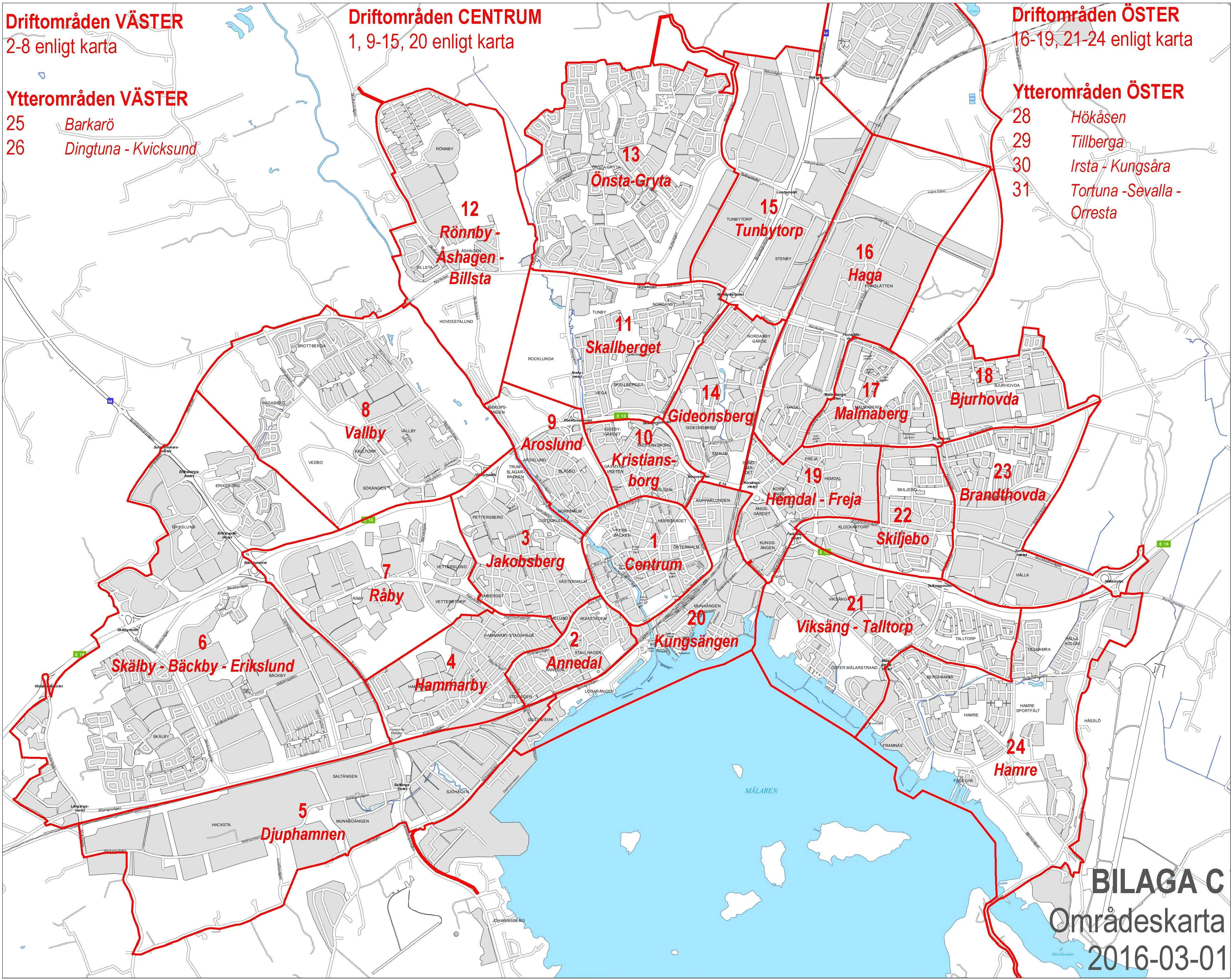 Karta över Västerås som visar indelningen i olika områden. 