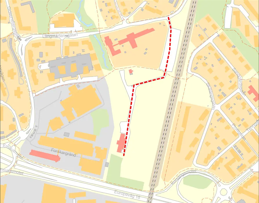 Kartbild med ungefärlig sträckning för Ringvallstagatan markerad med röd streckad linje