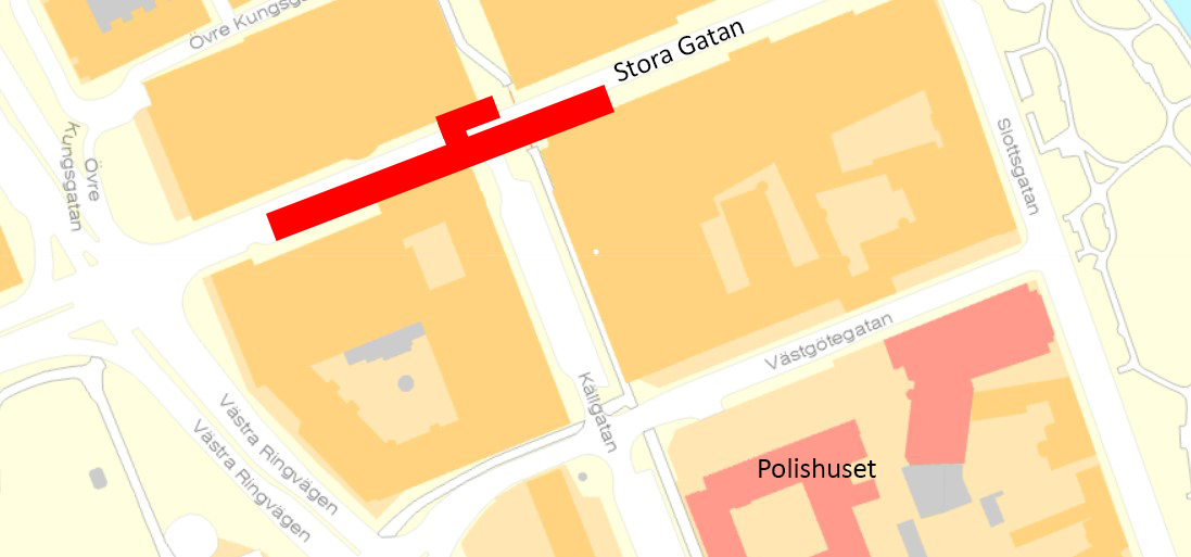 Karta som visar arbetsområdet på Stora Gatan. Det går från ett område i höjd med lastkajen mitt emot Hemköp och förbi korsningen mot Källgatan.