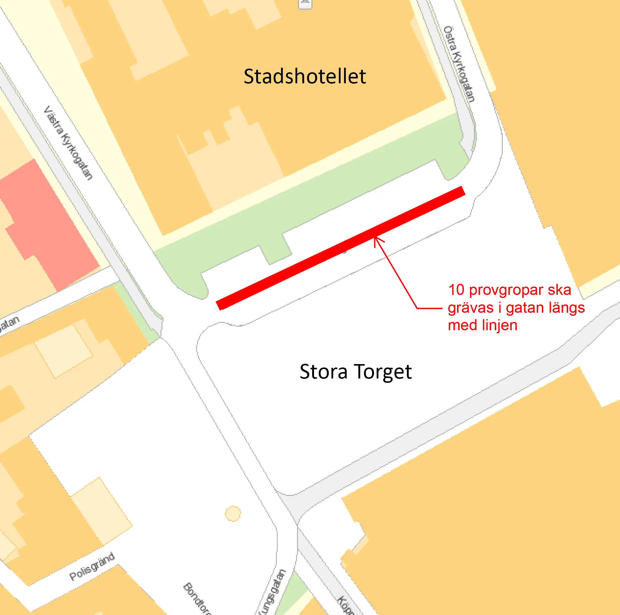Karta över Stora torget och gatan framför Stadshotellet. 