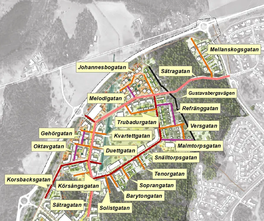 Karta över Sätra etapp 1 med markeringar för de nya gatorna och deras namn