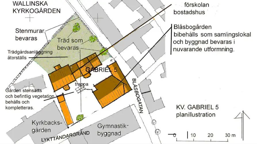 Planillustration som visar kvarteret Gabriel 5 och byggnaderna runt omkring, uppifrån