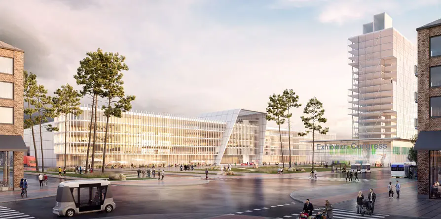 Visionsbild med markperspektiv mot möjlig byggnation på Finnslätten från Tovatt Architects & Planners AB 