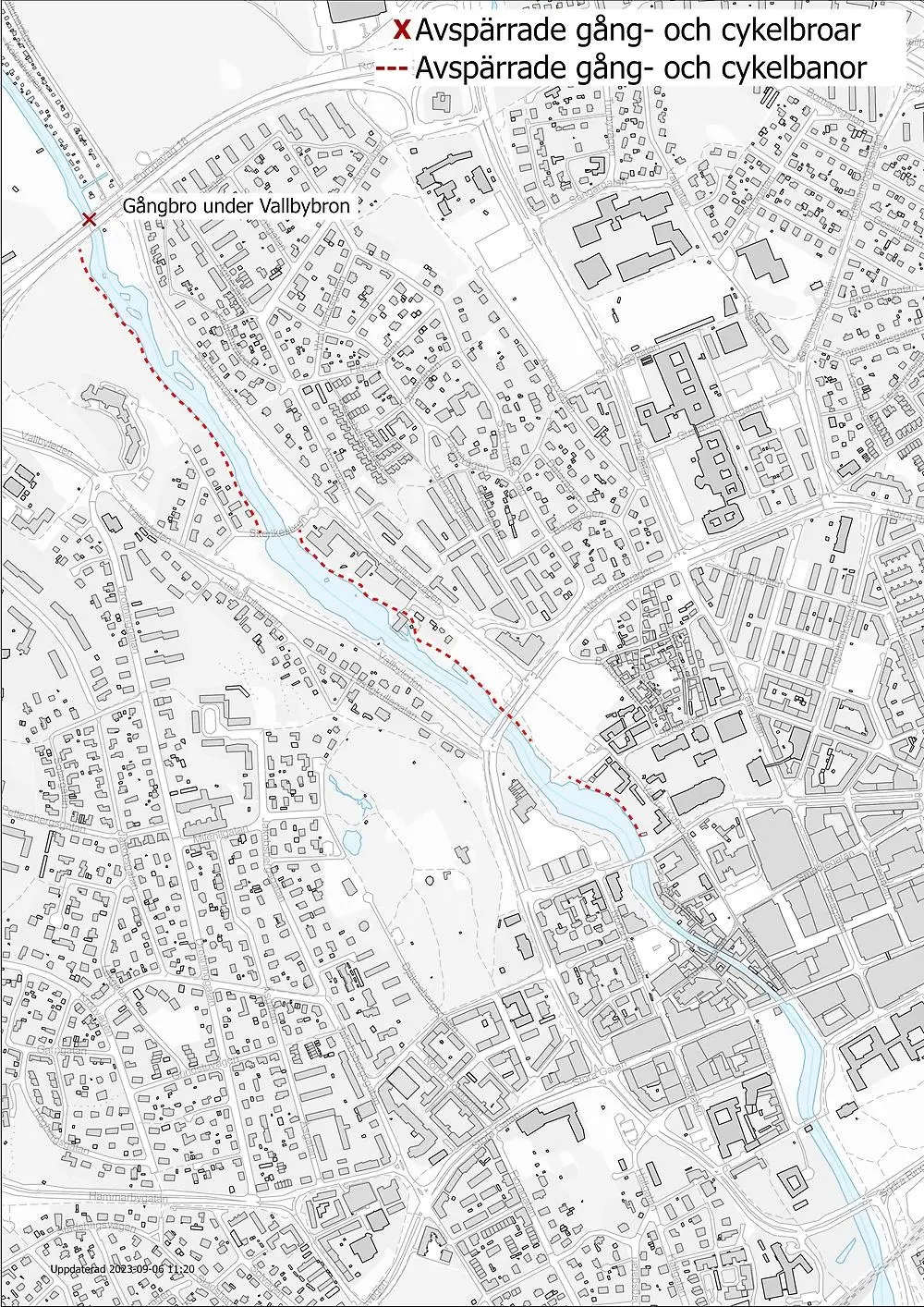 Karta med avspärrade broar 6 sept 2023.
