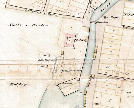 Historisk karta från 1751 över Slottet och slottsträdgården.