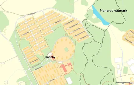 Karta som visar var våtmarken på Rönnby ska ligga