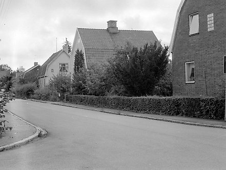 Svart vit bild av Gåsmyrevreten 1991. Bostadsgata med asfalterad väg och hus med tegeltak.